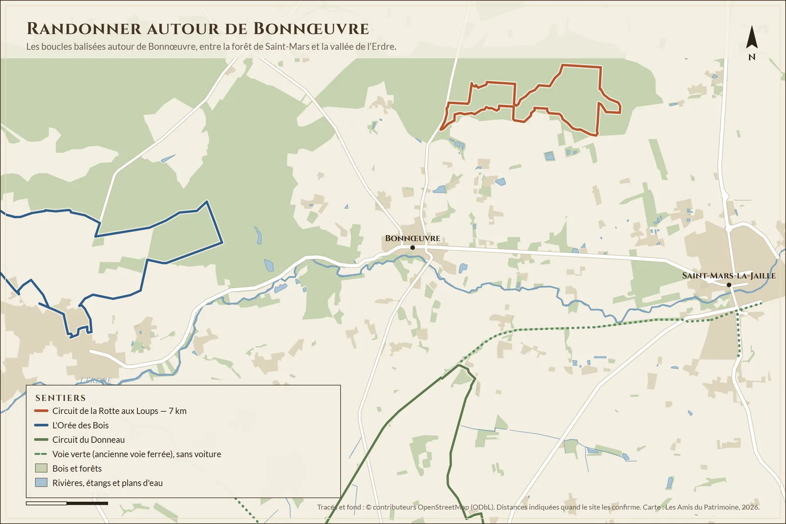 Les boucles balisées autour de Bonnœuvre : circuit de la Rotte aux Loups (7 km) dans la forêt de Saint-Mars, L'Orée des Bois et le circuit du Donneau, avec la voie verte. Tracés © contributeurs OpenStreetMap.