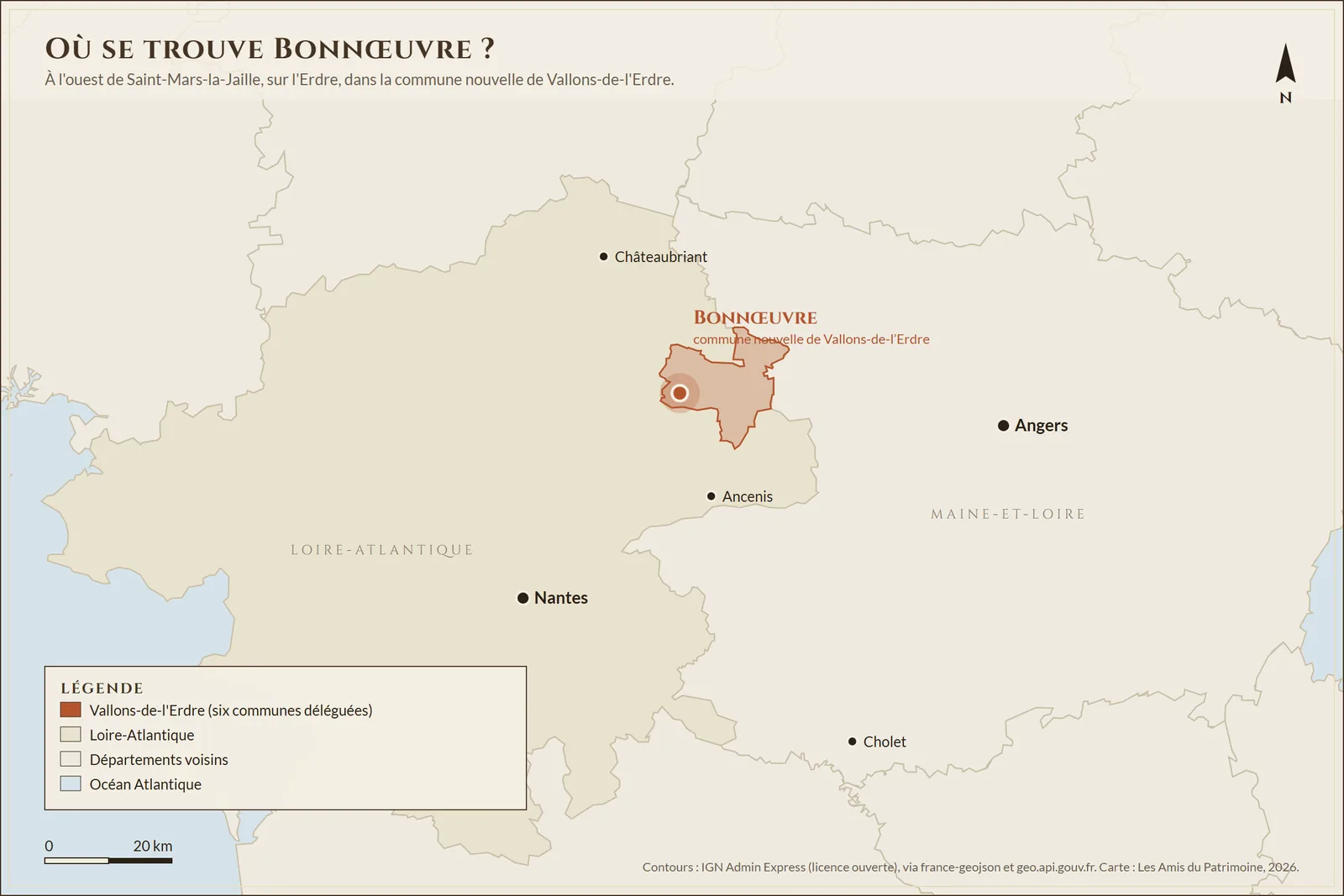 Carte de situation de Bonnœuvre : à l'ouest de Saint-Mars-la-Jaille, sur l'Erdre, dans la commune nouvelle de Vallons-de-l'Erdre