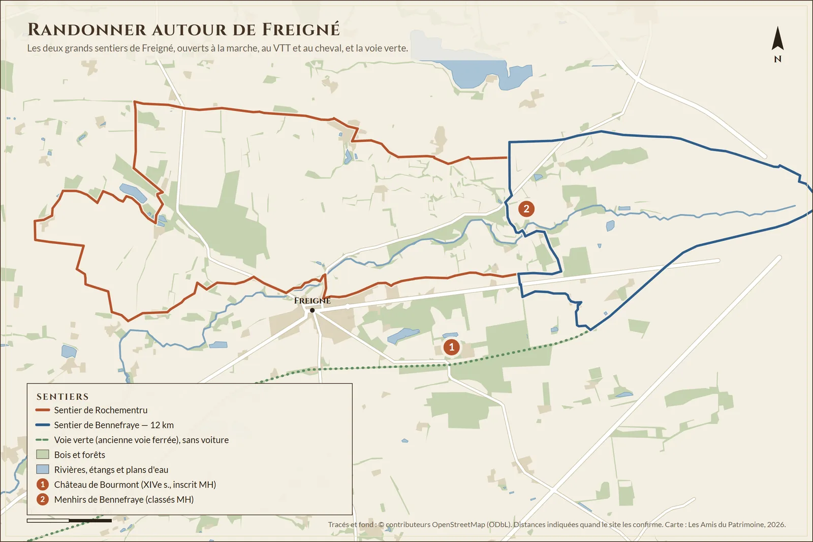 Les sentiers de Rochementru et de Bennefraye (12 km) autour de Freigné, le château de Bourmont et les menhirs de Bennefraye, et la voie verte. Tracés © contributeurs OpenStreetMap.
