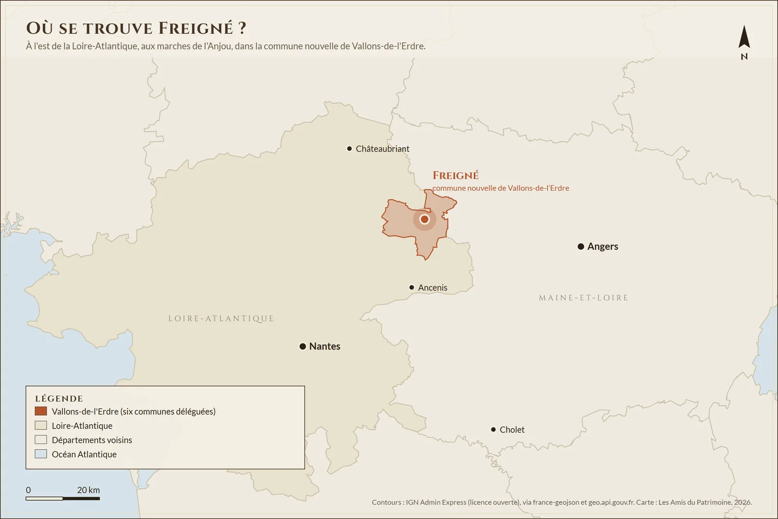 Carte de situation de Freigné : à l'est de la Loire-Atlantique, aux marches de l'Anjou, dans la commune nouvelle de Vallons-de-l'Erdre