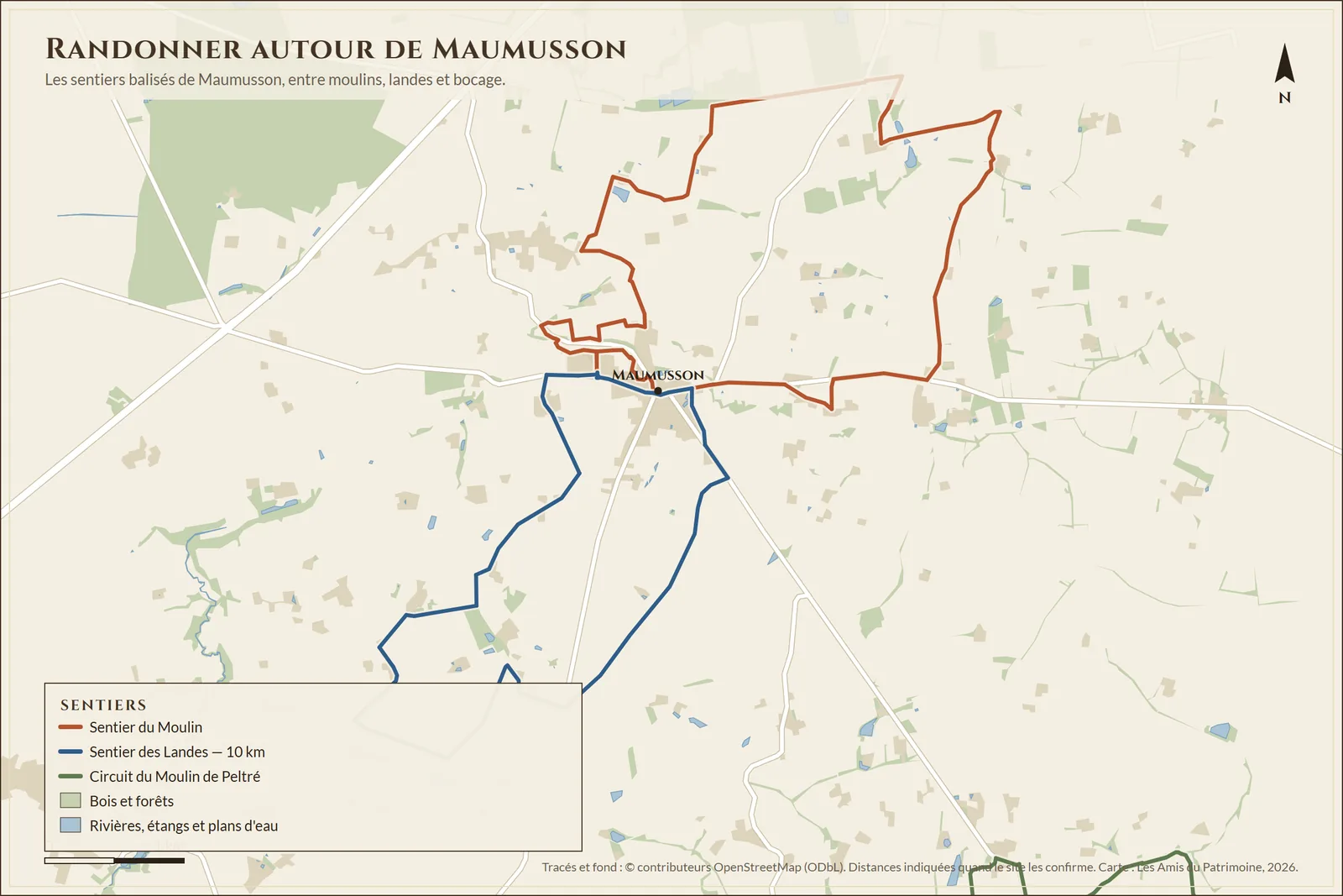 Les sentiers balisés de Maumusson : sentier du Moulin, sentier des Landes (10 km) et circuit du Moulin de Peltré. Tracés © contributeurs OpenStreetMap.