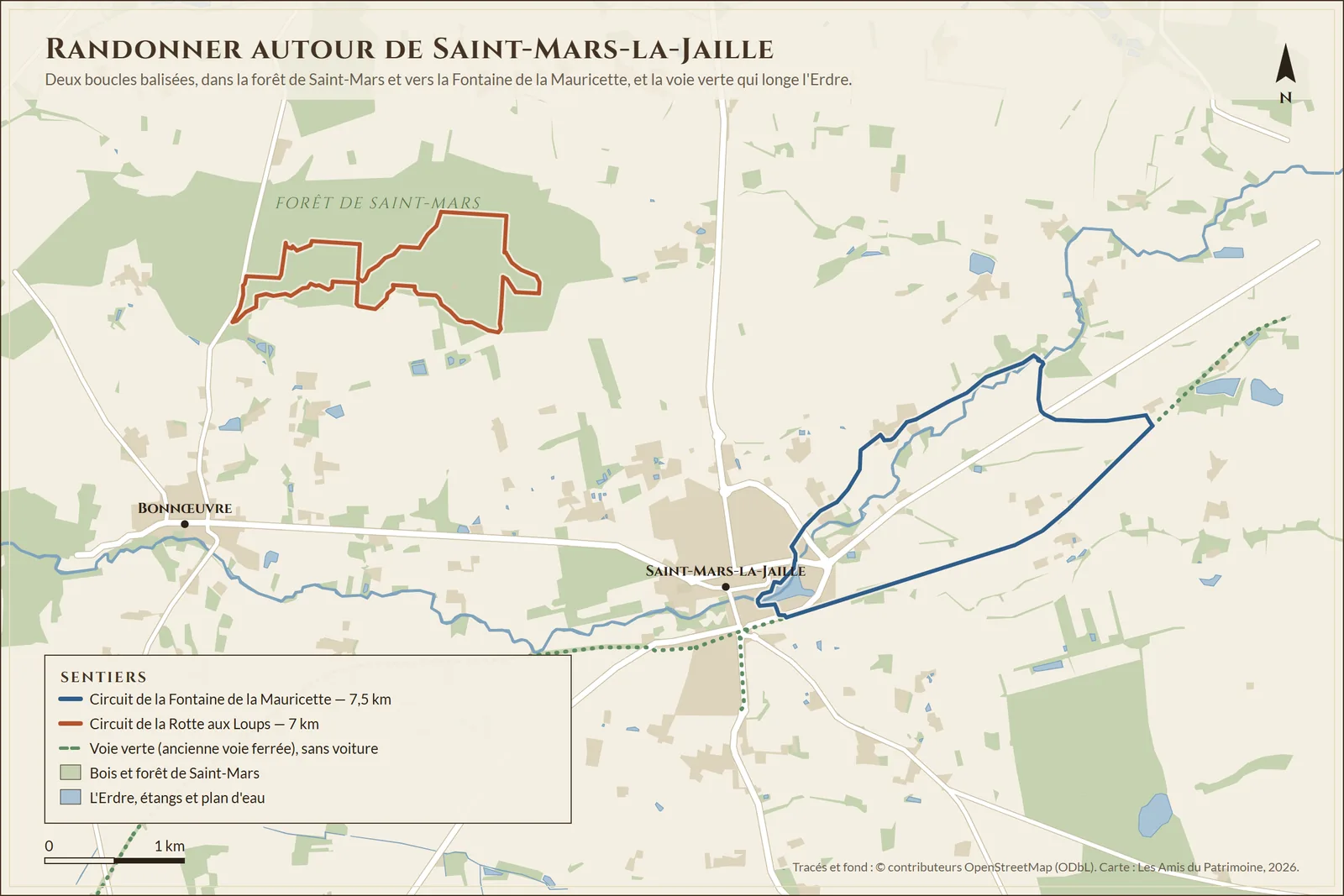 Les deux boucles balisées autour de Saint-Mars-la-Jaille, le circuit de la Rotte aux Loups (7 km) dans la forêt et celui de la Fontaine de la Mauricette (7,5 km), et la voie verte sans voiture. Tracés © contributeurs OpenStreetMap.