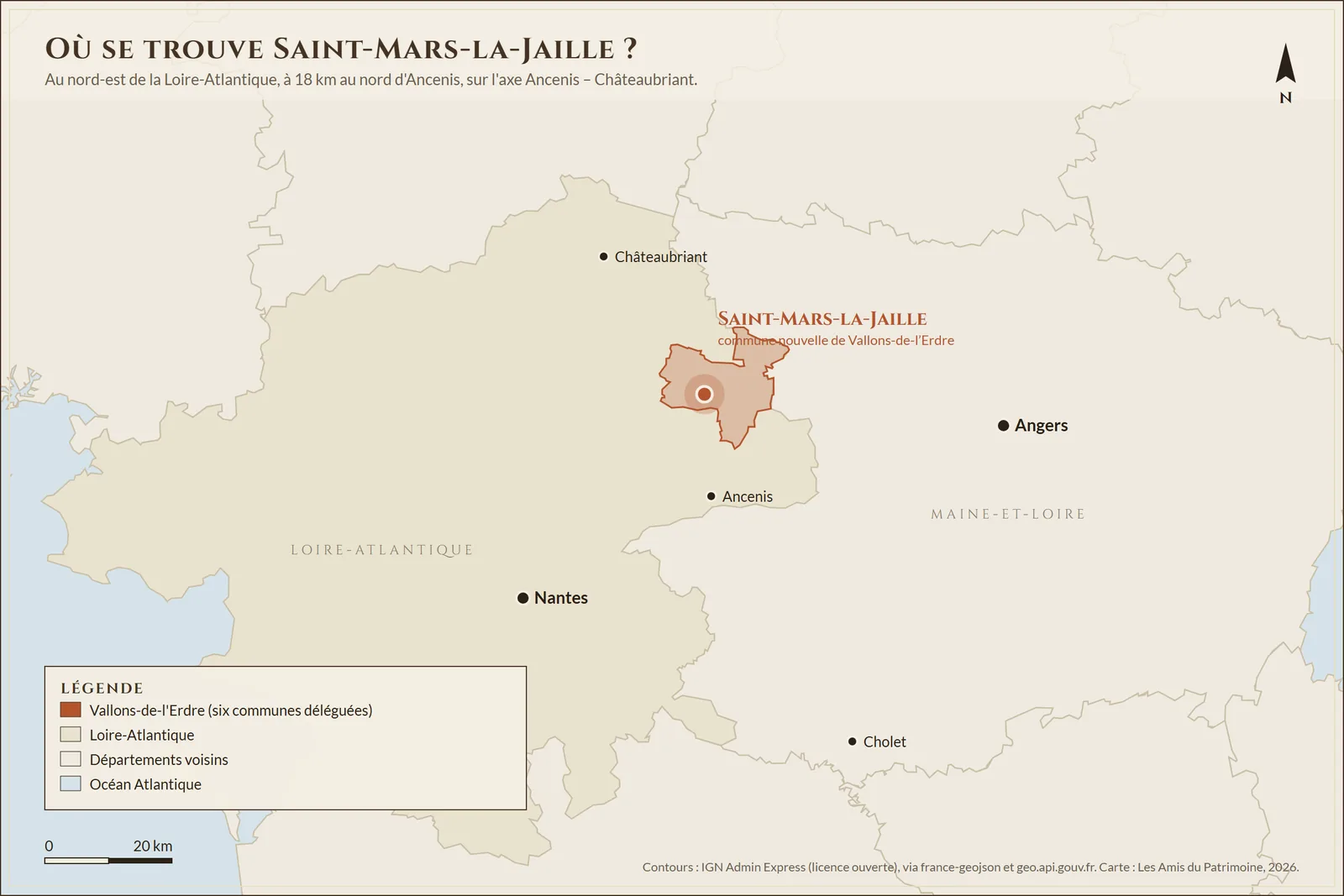 Carte de situation de Saint-Mars-la-Jaille : au nord-est de la Loire-Atlantique, à 18 km au nord d'Ancenis, avec Nantes, Châteaubriant et Angers