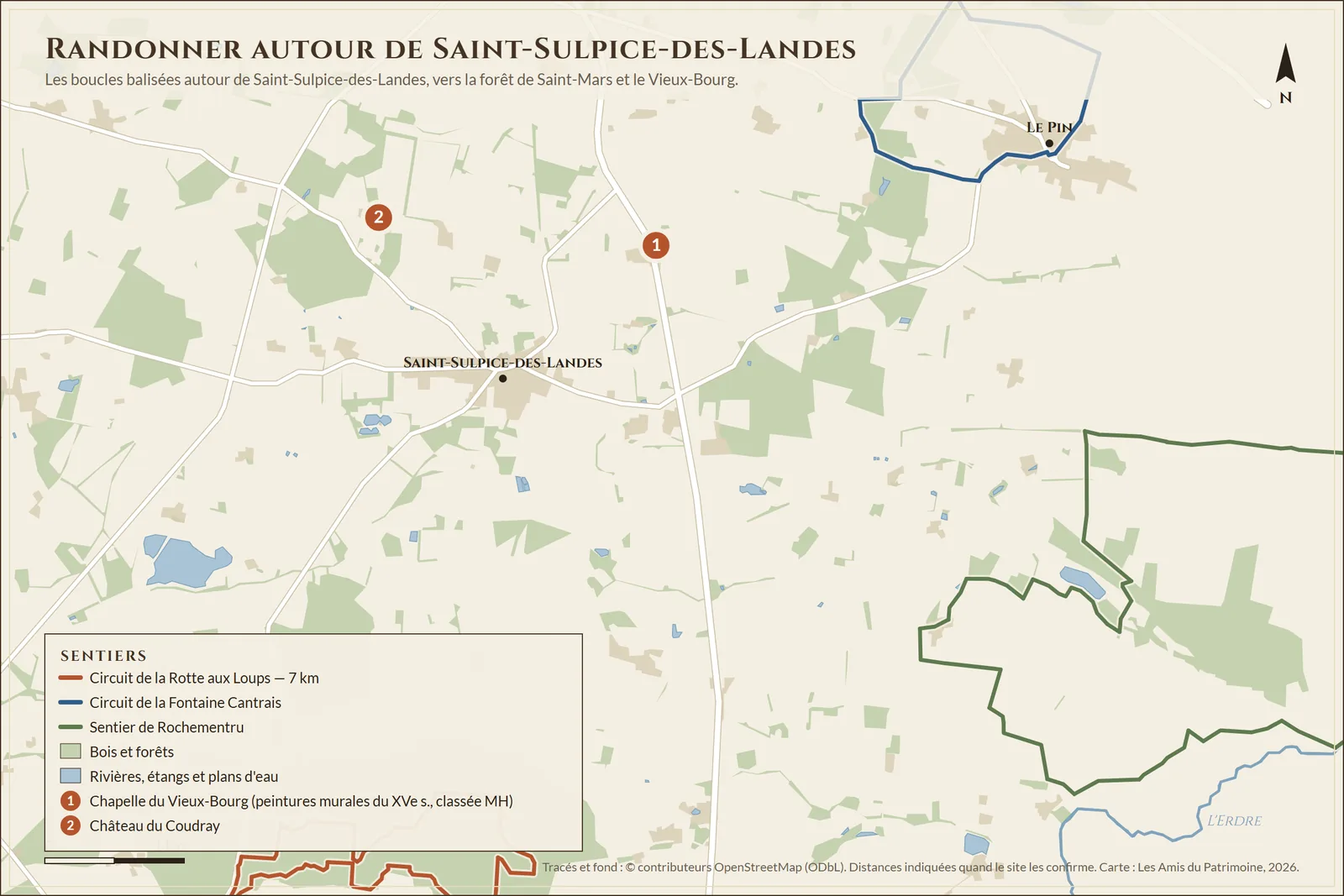 Autour de Saint-Sulpice-des-Landes : circuit de la Rotte aux Loups (7 km), circuit de la Fontaine Cantrais, sentier de Rochementru, la chapelle du Vieux-Bourg et le château du Coudray. Tracés © contributeurs OpenStreetMap.