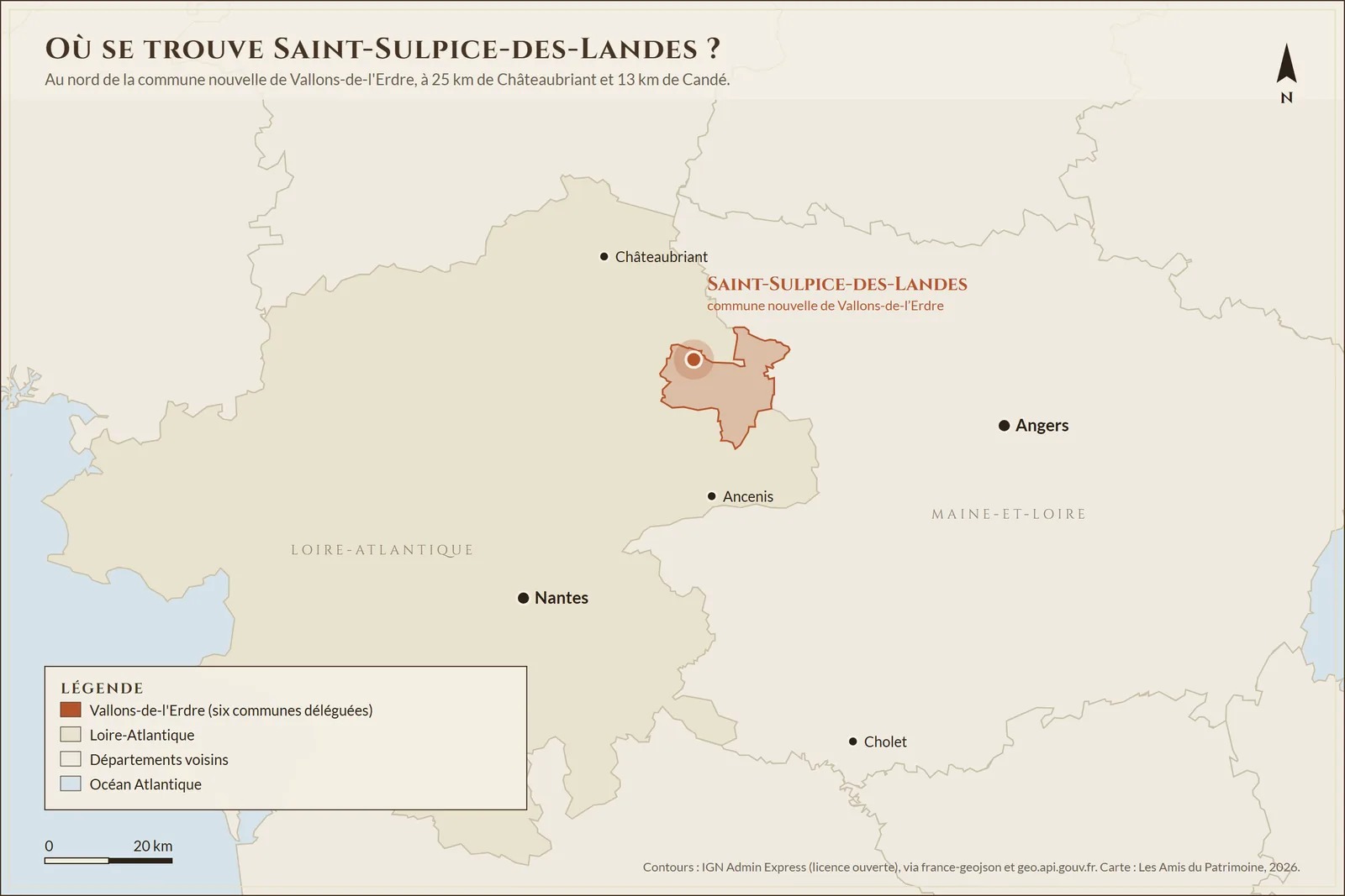 Carte de situation de Saint-Sulpice-des-Landes : au nord de la commune nouvelle de Vallons-de-l'Erdre, à 25 km de Châteaubriant et 13 km de Candé