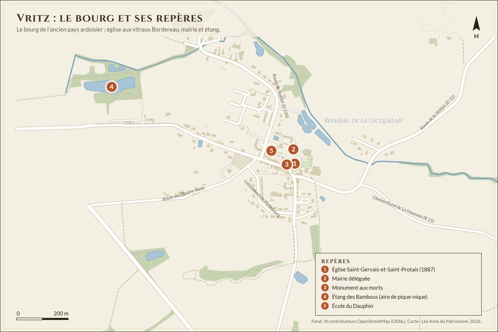 Le bourg de Vritz et ses repères : église Saint-Gervais-et-Saint-Protais, mairie, monument aux morts, étang des Bambous et école du Dauphin. Fond de carte © contributeurs OpenStreetMap.
