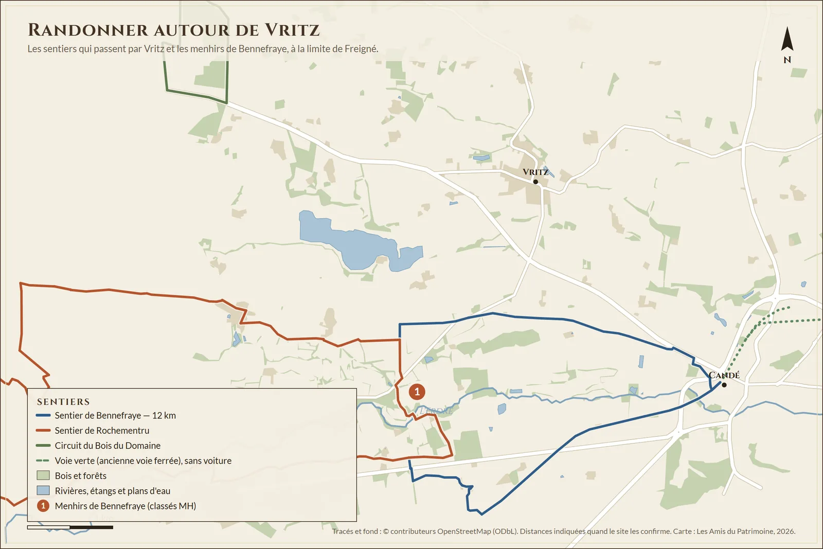 Les sentiers qui passent par Vritz : sentier de Bennefraye (12 km) vers les menhirs, sentier de Rochementru, circuit du Bois du Domaine et la voie verte vers Candé. Tracés © contributeurs OpenStreetMap.