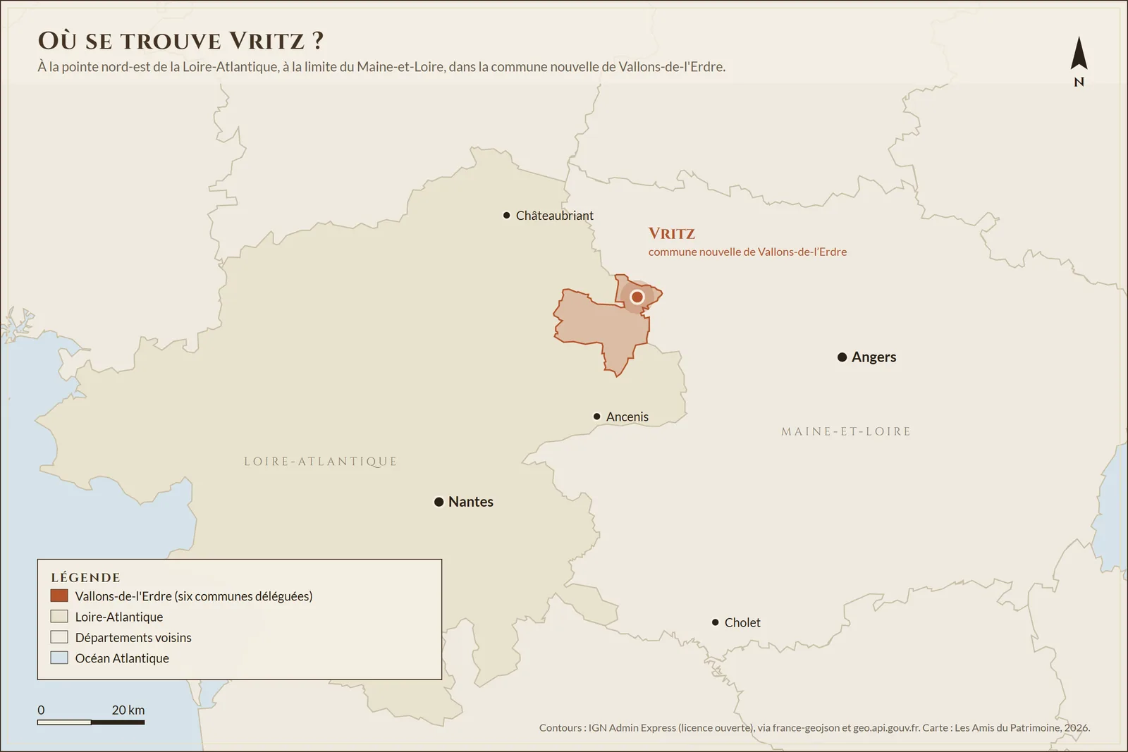 Carte de situation de Vritz : à la pointe nord-est de la Loire-Atlantique, à la limite du Maine-et-Loire, dans la commune nouvelle de Vallons-de-l'Erdre