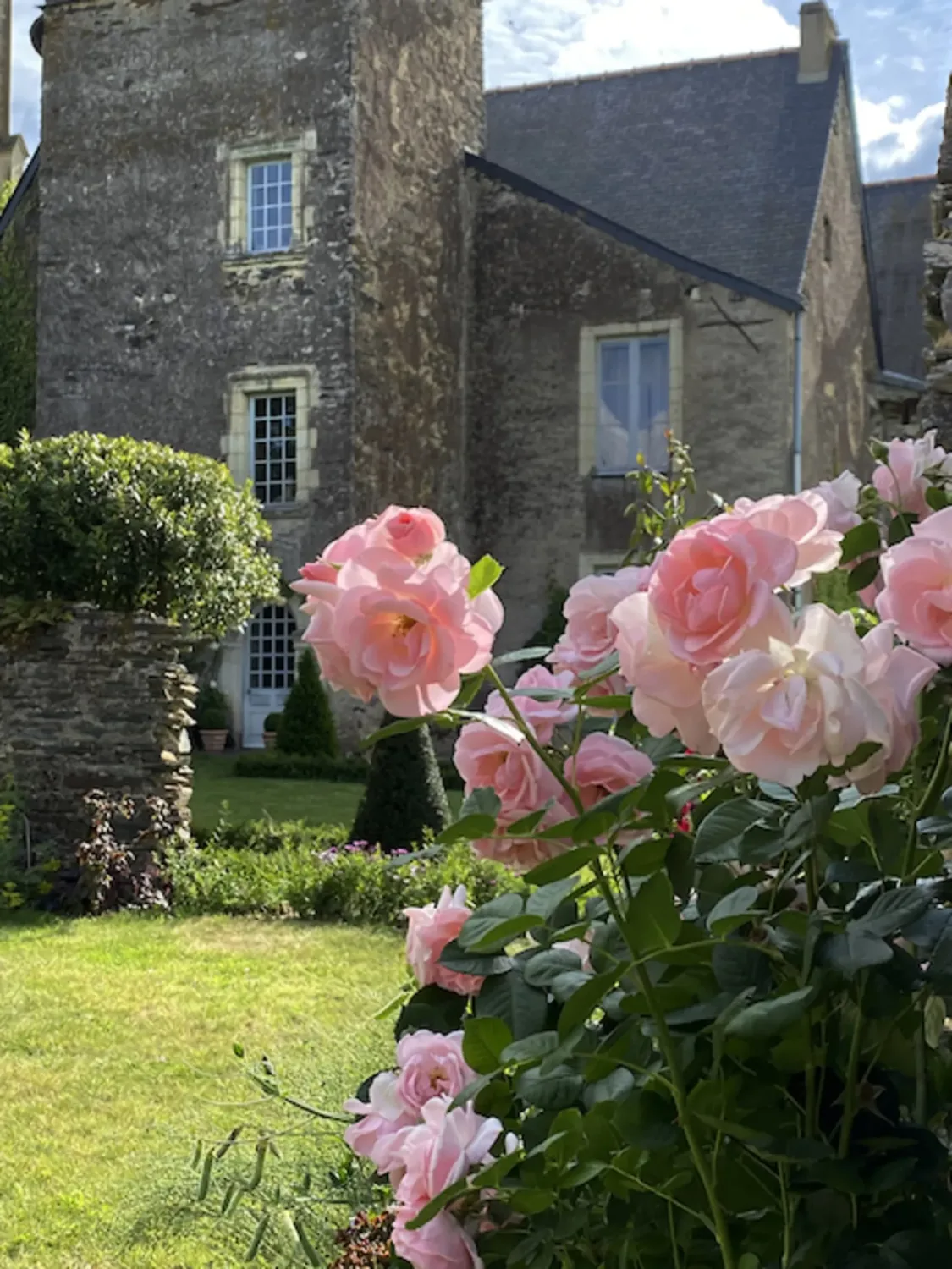 La tour du manoir de Ghaisne vue depuis le jardin, au-dessus des rosiers.